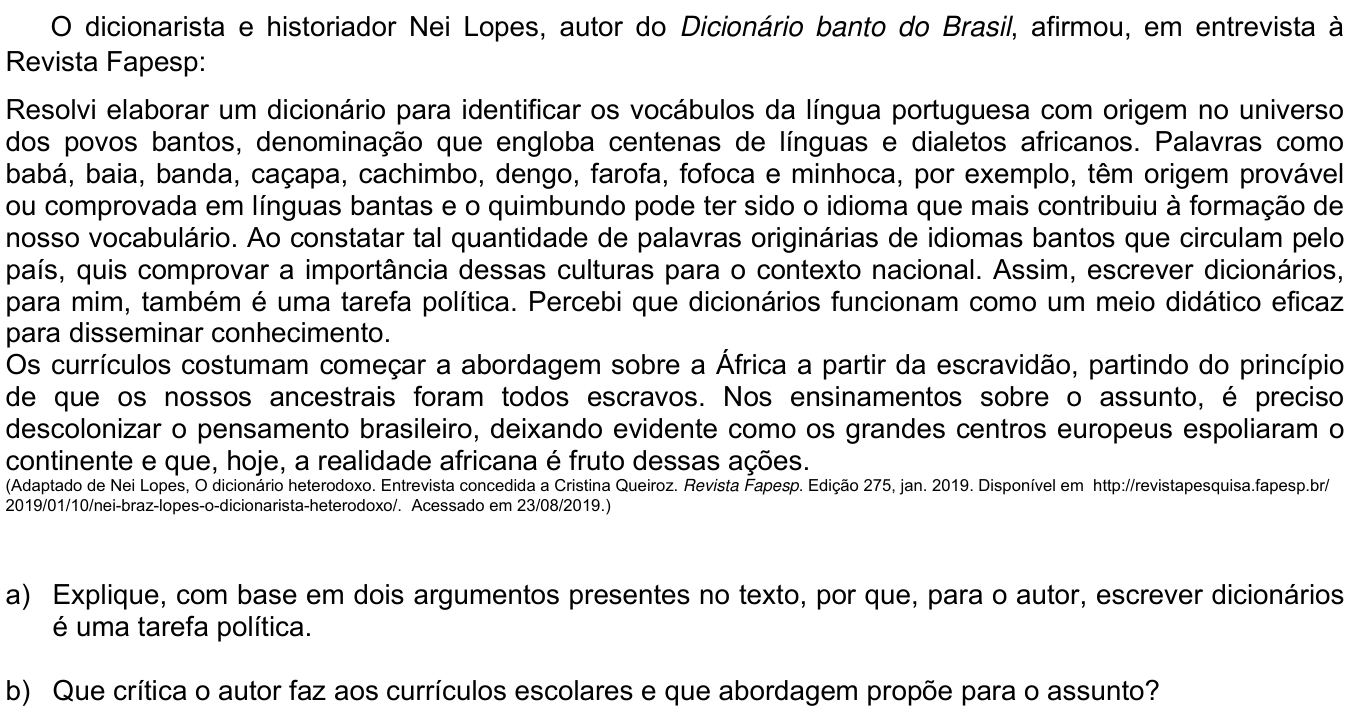 Questão 6 no caderno  da 2ª fase da UNICAMP 2020