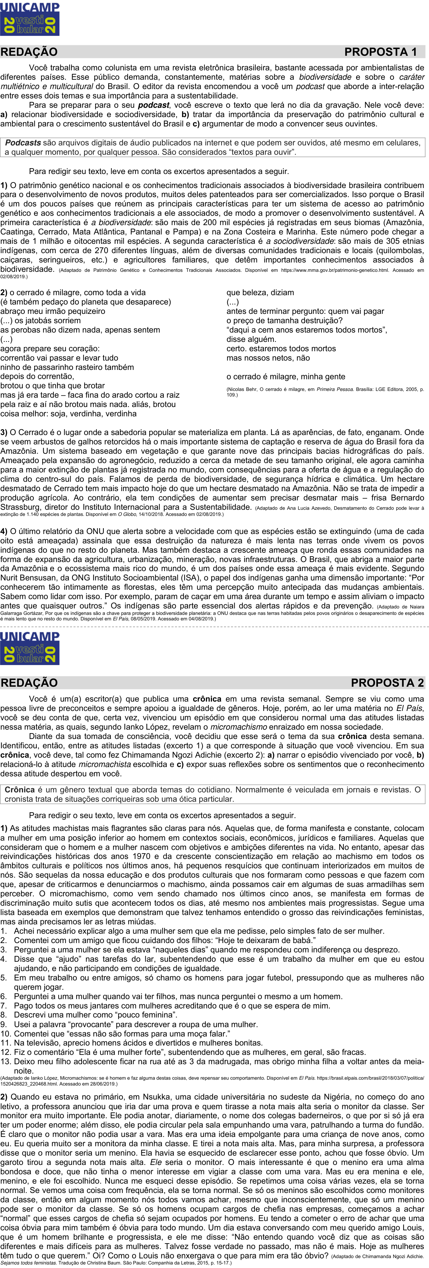 Redação da 2ª fase da UNICAMP 2020: proposta no caderno da prova