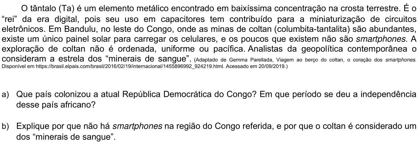 Questão 18 no caderno CH da 2ª fase da UNICAMP 2020