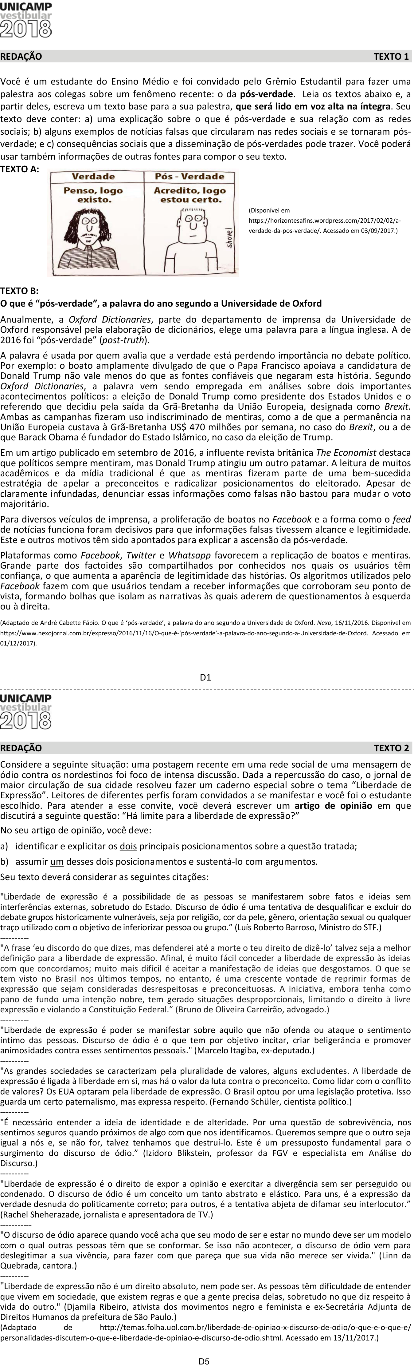 Redação da 2ª fase da UNICAMP 2018: proposta no caderno da prova