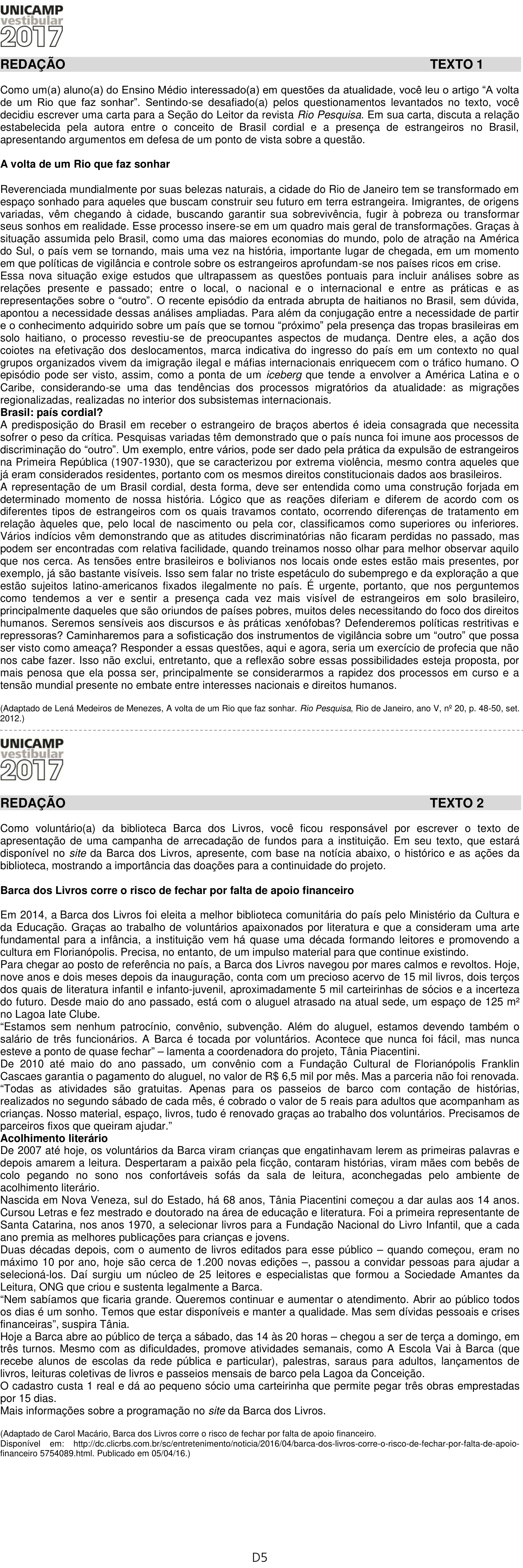 Redação da 2ª fase da UNICAMP 2017: proposta no caderno da prova