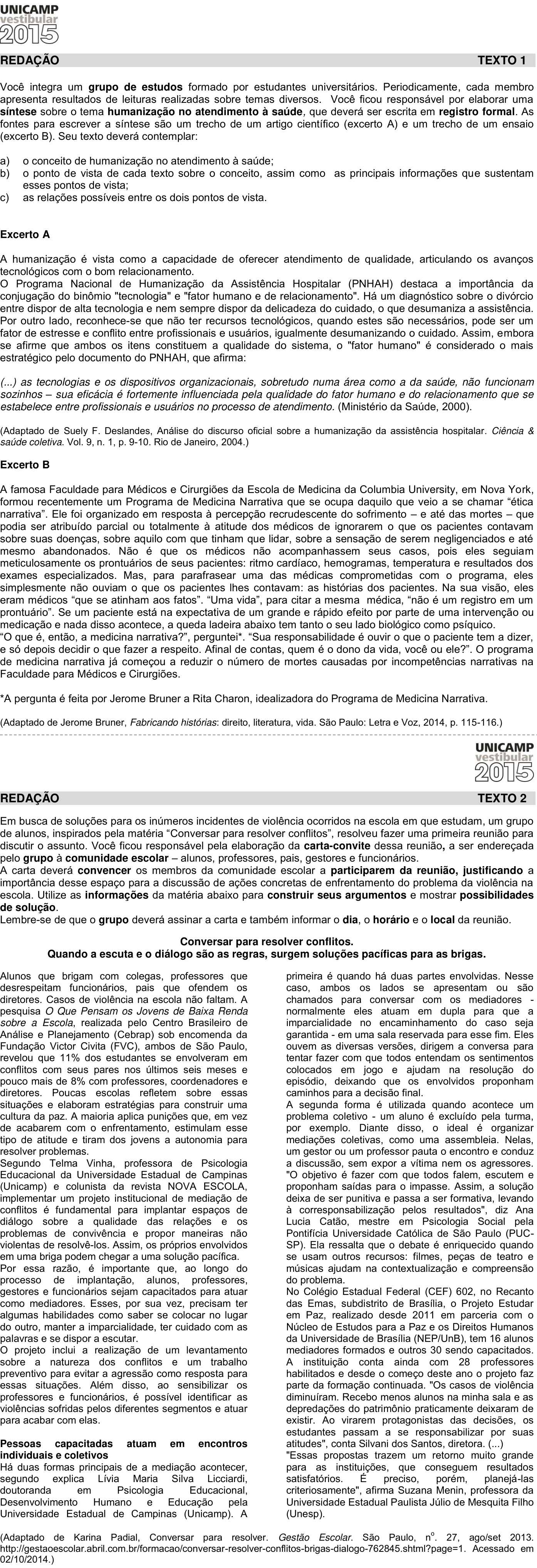 Redação da 2ª fase da UNICAMP 2015: proposta no caderno da prova