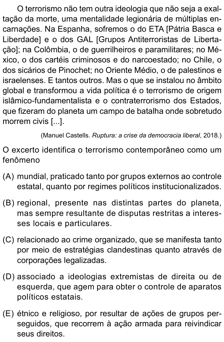 Questão 42 no caderno Conhecimentos Gerais da UNESP 2022