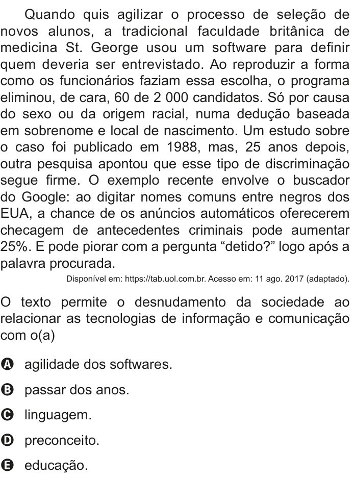 Questão 43 no caderno Azul do ENEM 2020