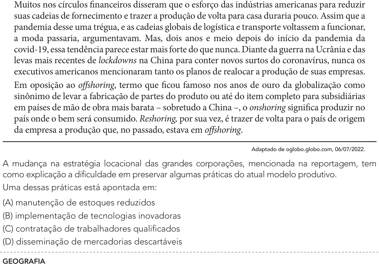 Questão 48 no caderno Exame Único da UERJ 2023