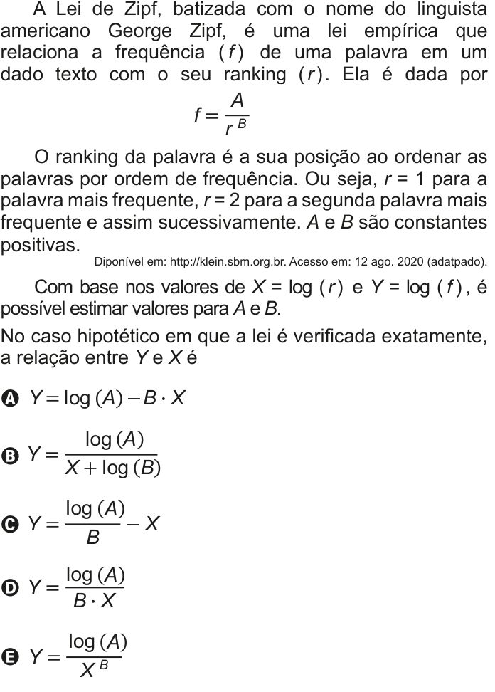 Questão 149 no caderno Azul do ENEM 2020