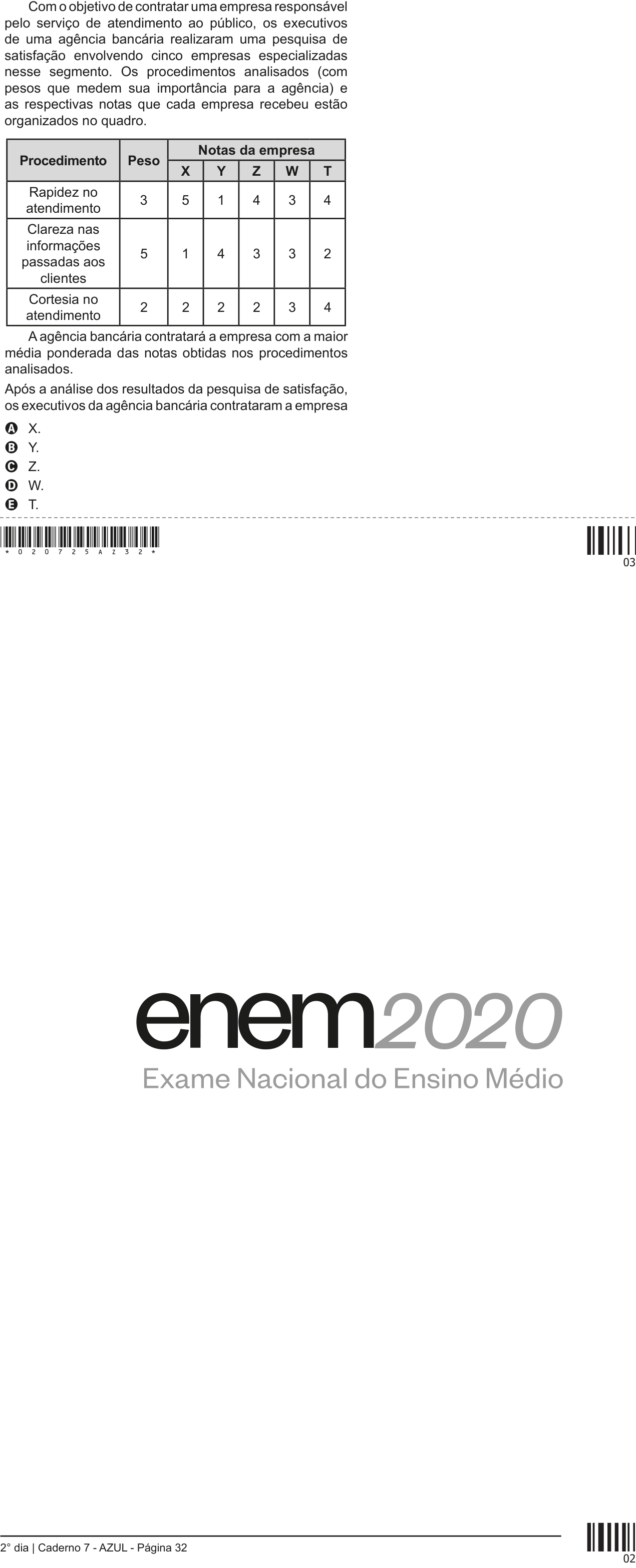 Questão 180 no caderno Azul do ENEM 2020