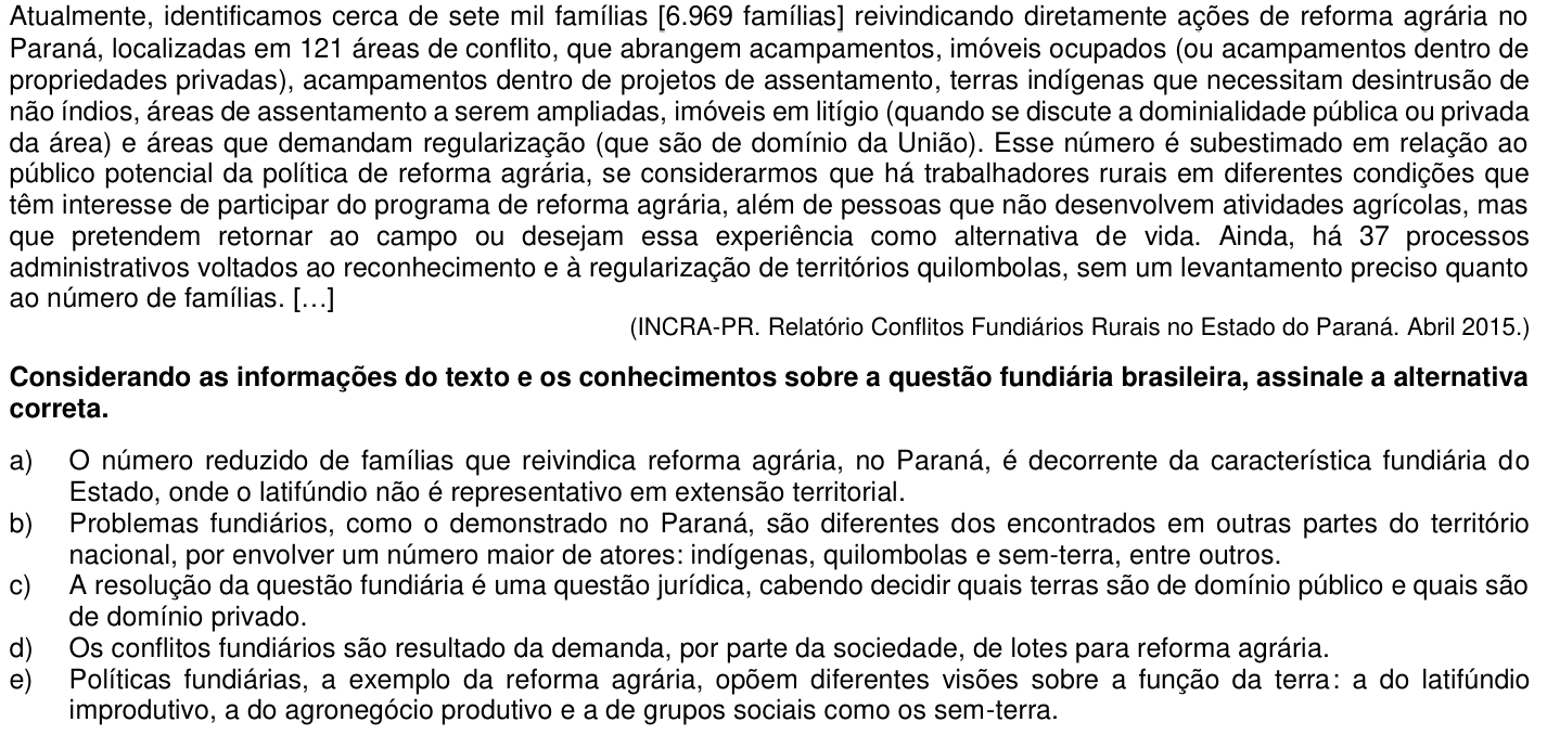 Questão 44 no caderno 1ª fase da UFPR 2016