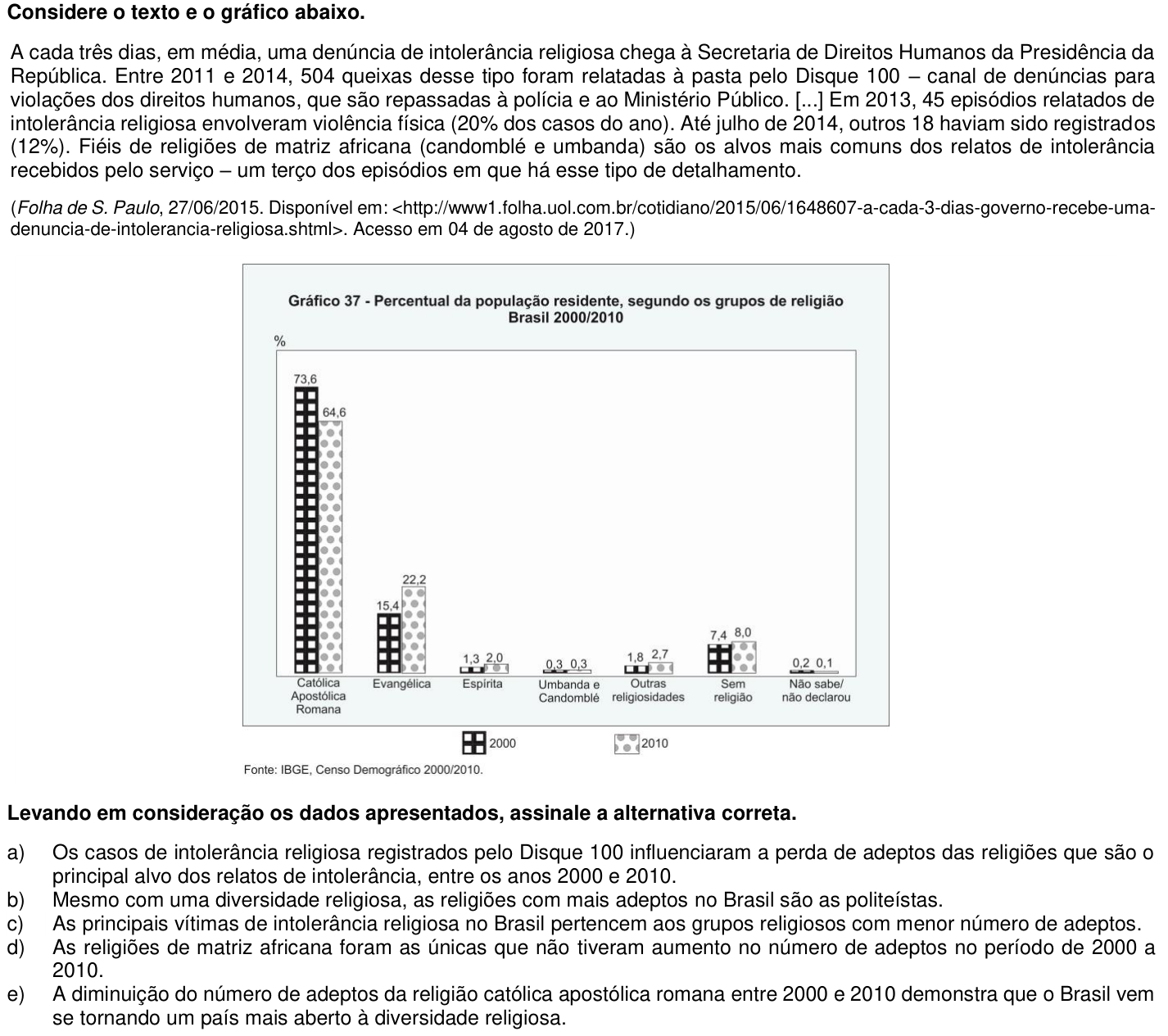 Questão 68 no caderno 1ª fase da UFPR 2018