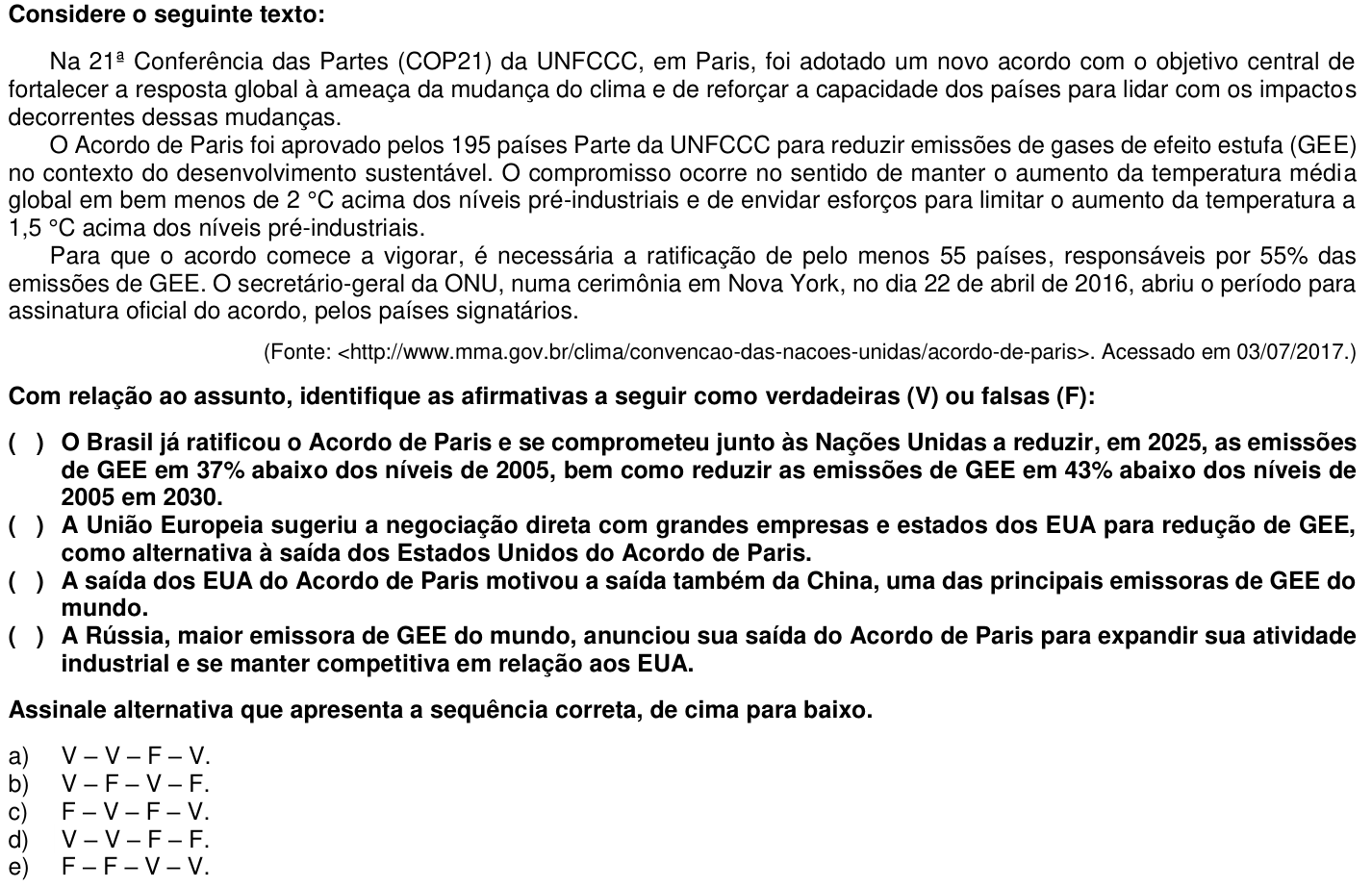 Questão 72 no caderno 1ª fase da UFPR 2018