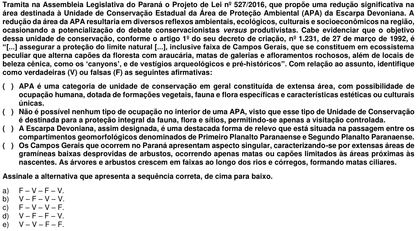 Questão 64 no caderno 1ª fase da UFPR 2019