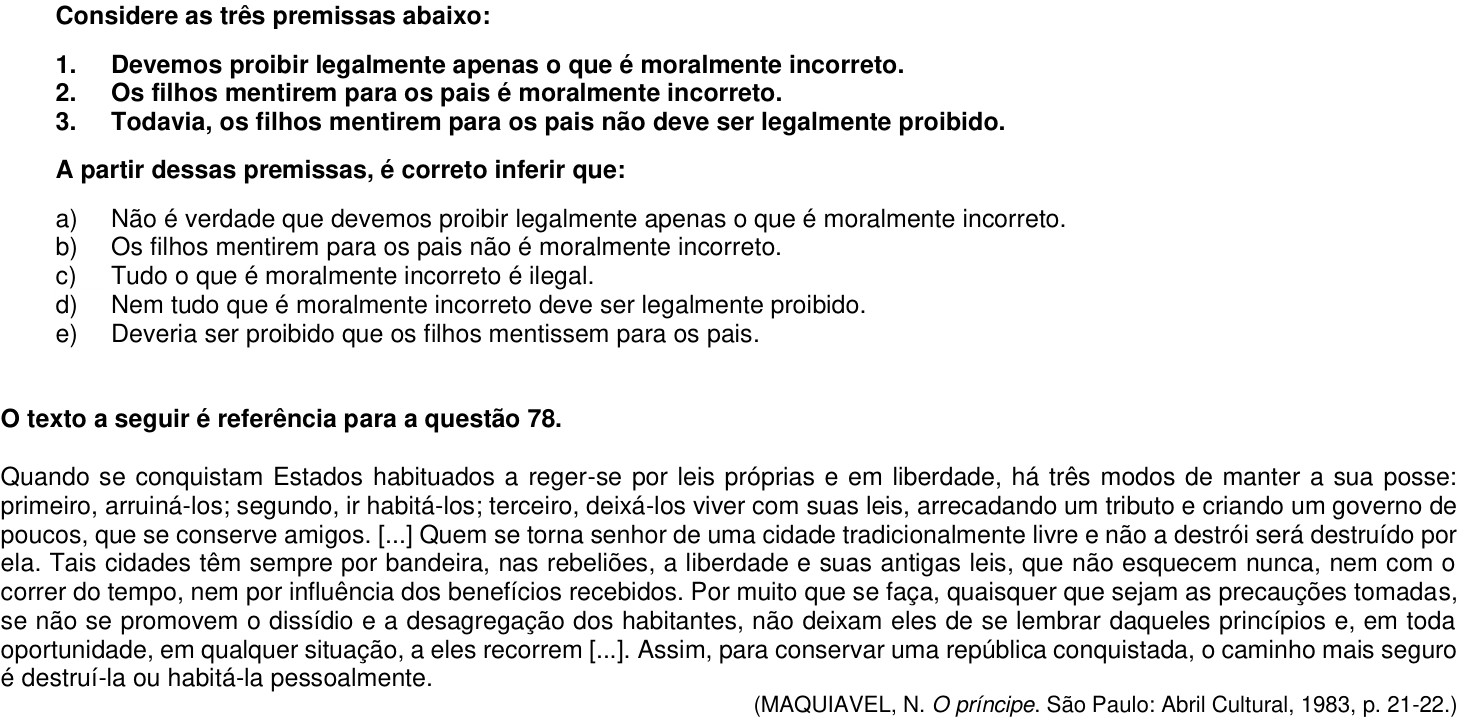 Questão 77 no caderno 1ª fase da UFPR 2019