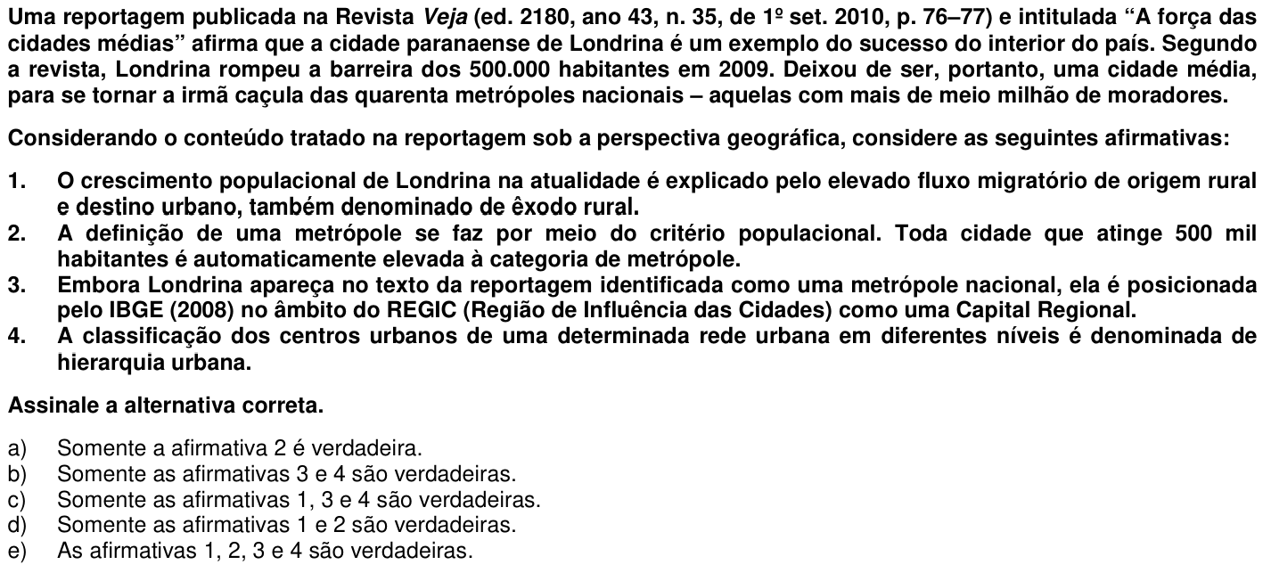 Questão 45 no caderno 1ª fase da UFPR 2011