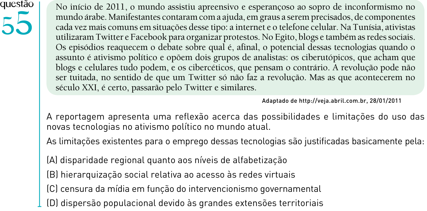 Questão 55 no caderno 1º Exame de Qualificação da UERJ 2012