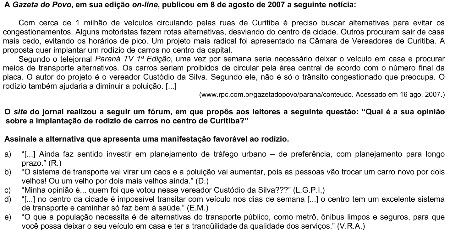 Questão 49 no caderno 1ª fase da UFPR 2008