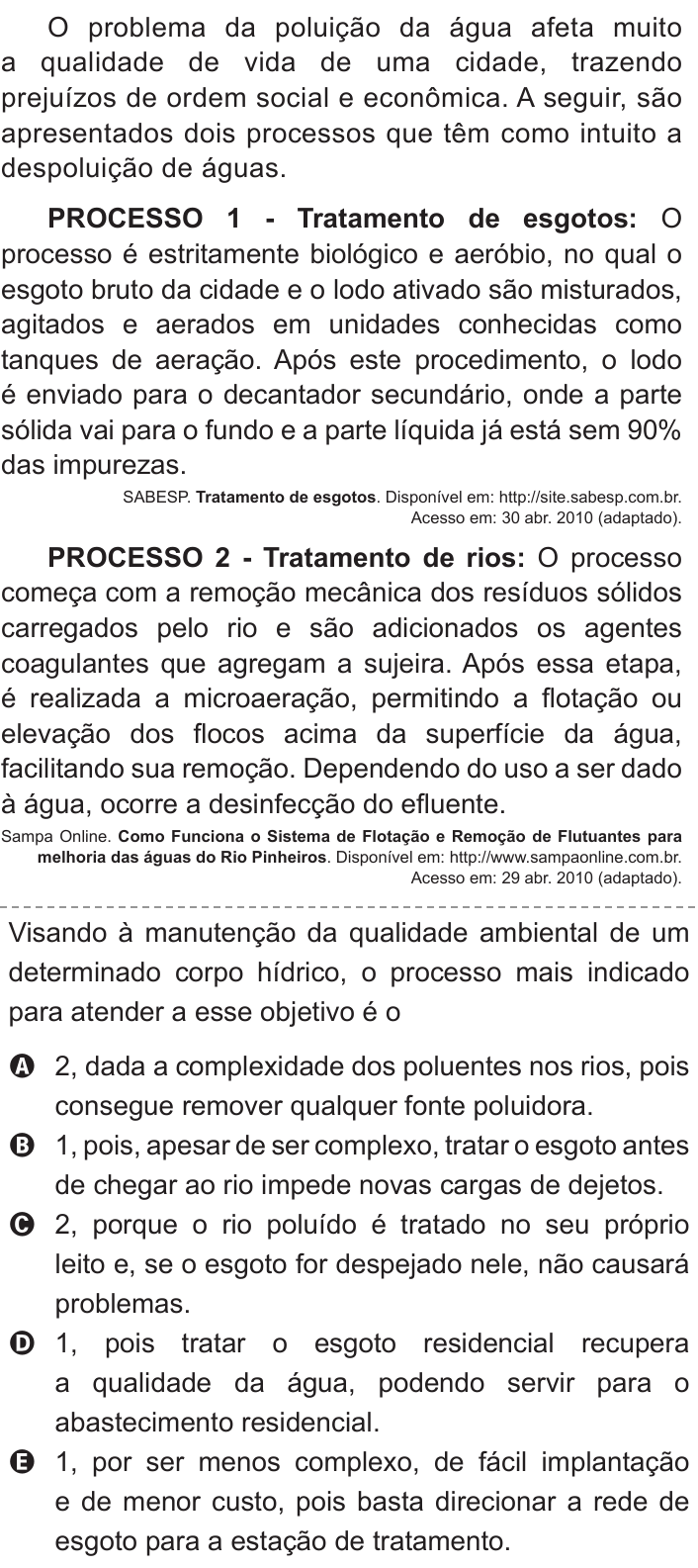 Questão 64 no caderno Branco do ENEM PPL 2011