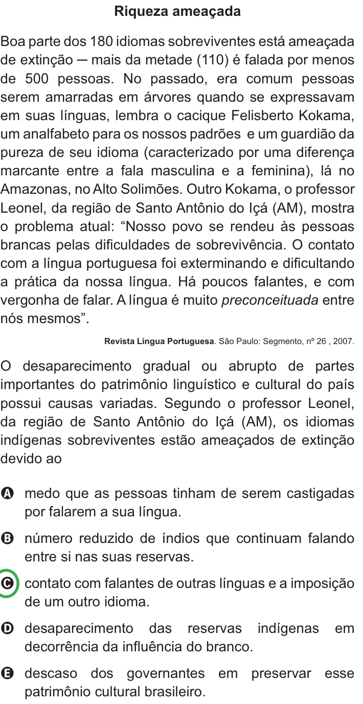 Questão 121 no caderno Azul do ENEM PPL 2010
