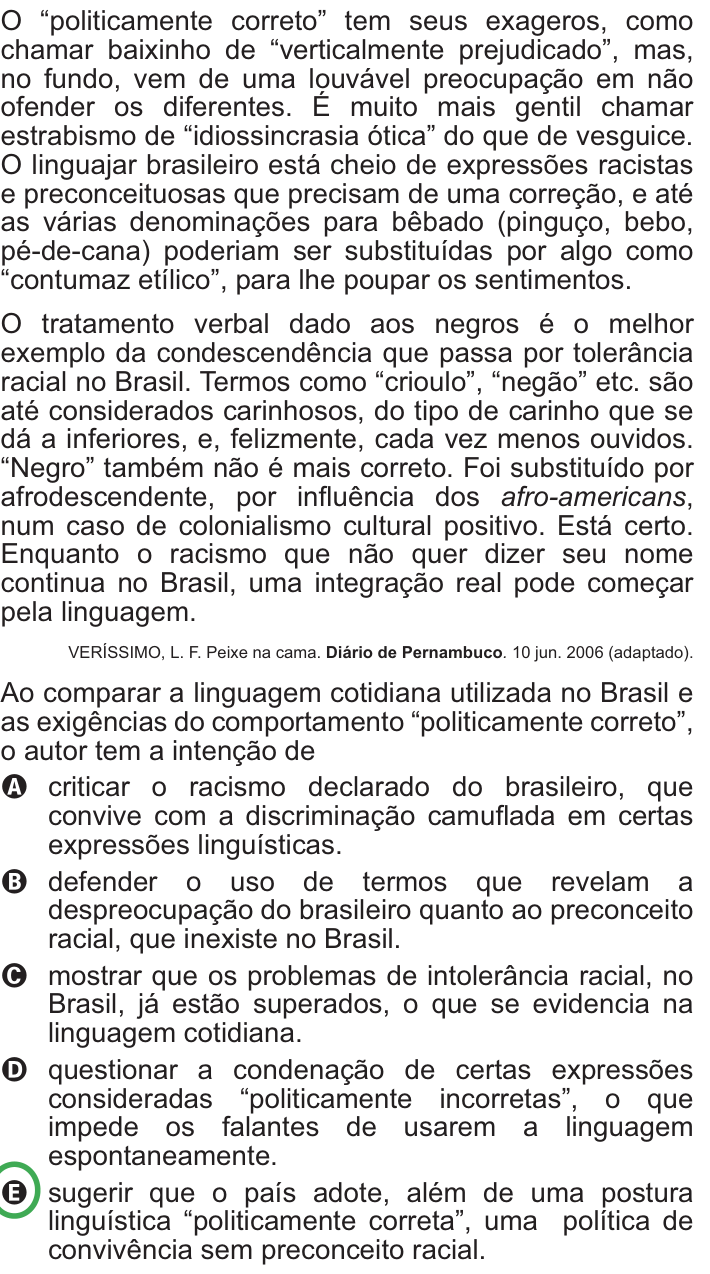 Questão 124 no caderno Azul do ENEM PPL 2010