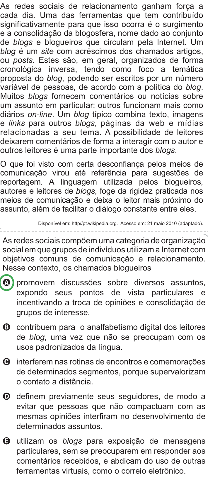 Questão 128 no caderno Azul do ENEM PPL 2010