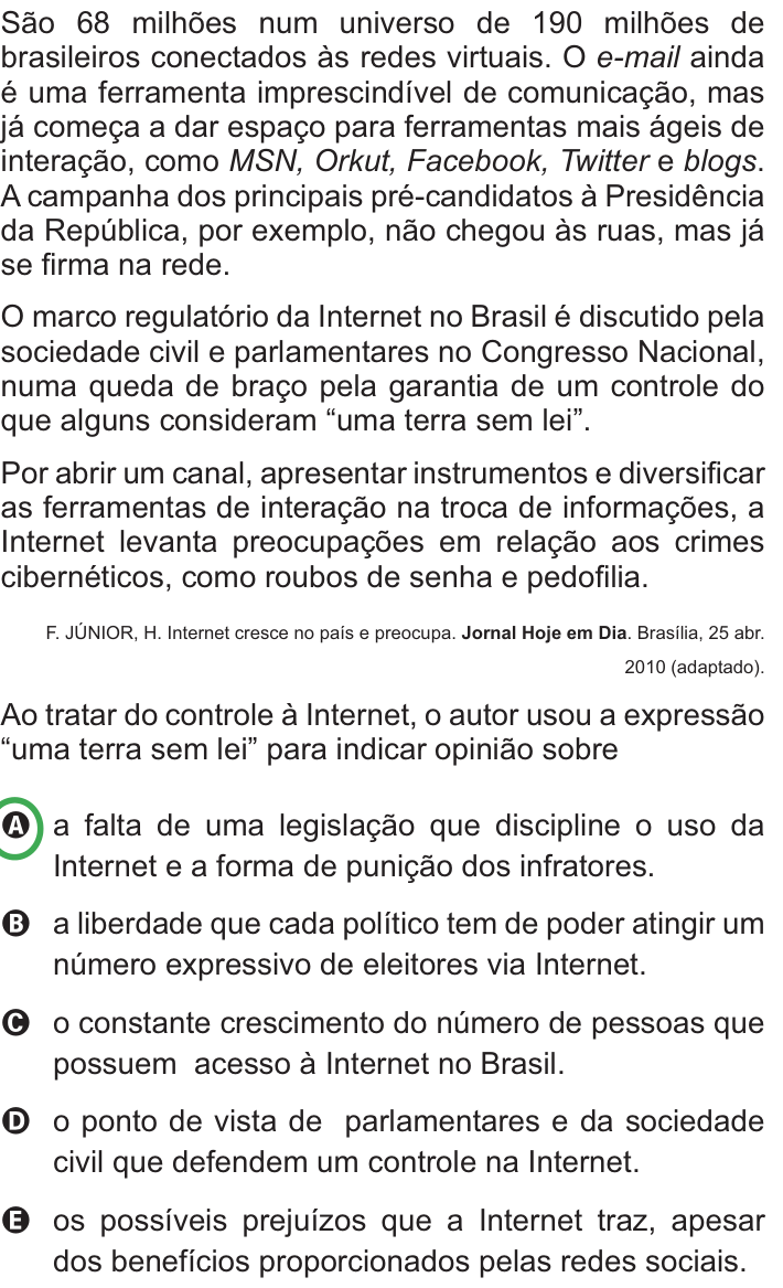 Questão 133 no caderno Azul do ENEM PPL 2010