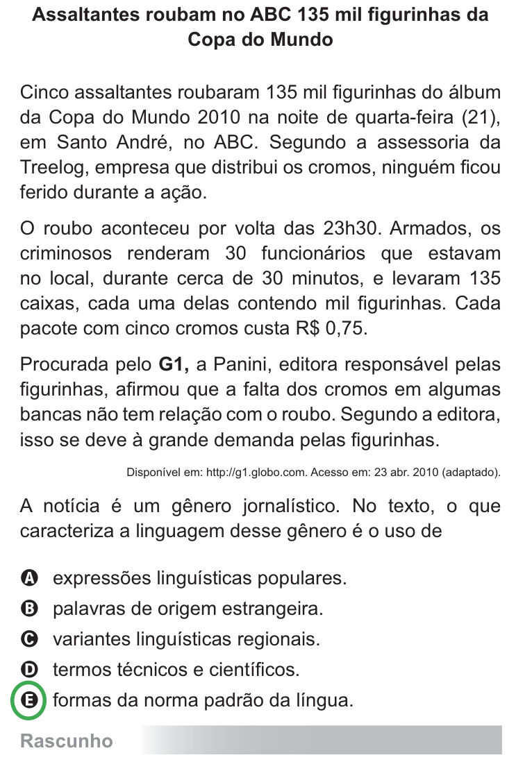 Questão 135 no caderno Azul do ENEM PPL 2010