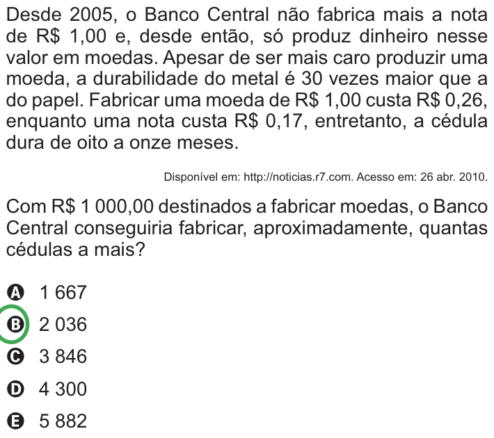 Questão 138 no caderno Azul do ENEM PPL 2010