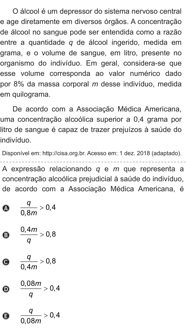 Questão 165 no caderno Azul do ENEM 2019