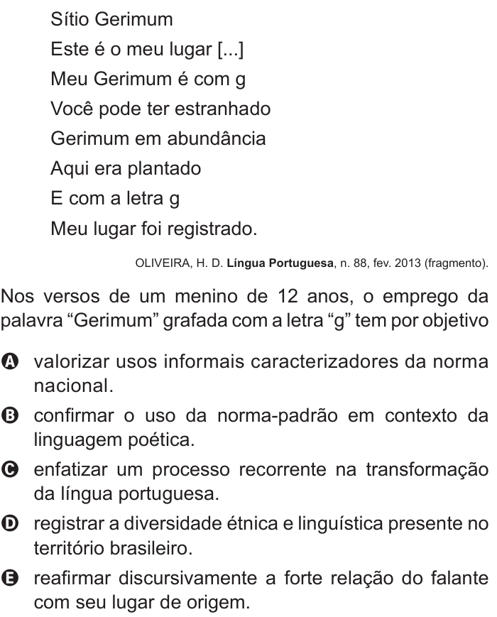 Questão 15 no caderno Azul do ENEM 2017