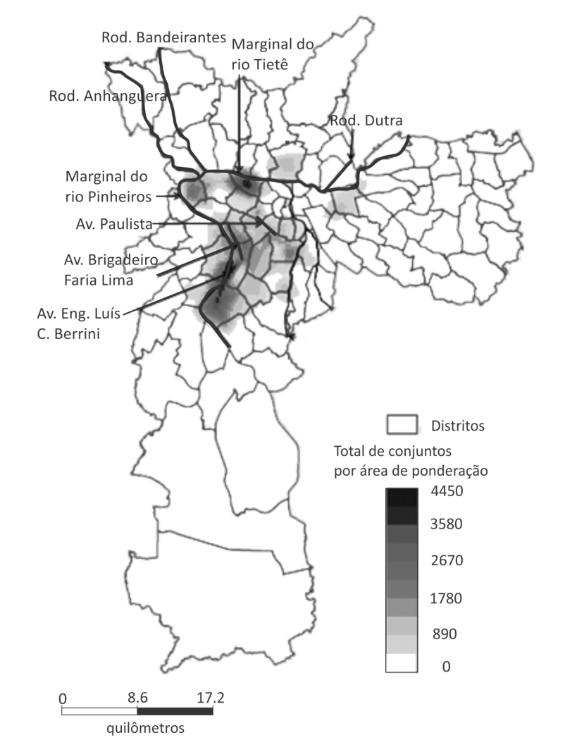 Mapa da distribuição de conjuntos comerciais verticais lançados no município de São Paulo de 1992 a 2015, mostrando a concentração ao longo das marginais e grandes avenidas como Paulista, Faria Lima e Berrini