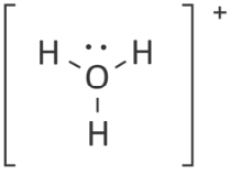 Estrutura de Lewis entre colchetes com carga positiva, mostrando o átomo de oxigênio ligado a três átomos de hidrogênio por ligações simples e com um par de elétrons não ligantes sobre o oxigênio.