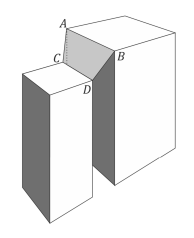 Representação em perspectiva de dois prédios com formato de paralelepípedos reto-retângulos paralelos entre si, com alturas distintas. No vão entre eles, uma lona sombreada tem seus vértices fixados nos pontos A e B, na borda superior do prédio mais alto, e nos pontos C e D, na borda superior do prédio mais baixo.