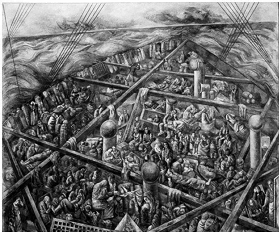 Pintura "Navio de Emigrantes" de Lasar Segall mostrando o convés lotado de pessoas amontoadas entre vigas de madeira, diante de um mar revolto sob céu tempestuoso.
