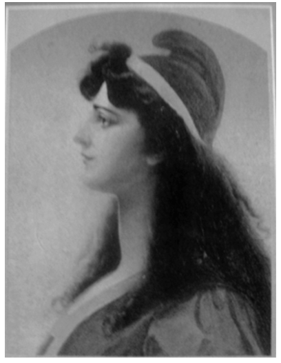 Pintura de perfil de uma mulher de cabelos escuros e compridos usando um barrete frígio com faixa branca