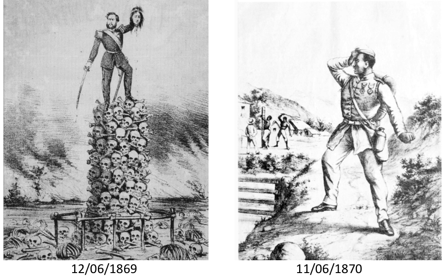 Duas charges de Angelo Agostini sobre a Guerra do Paraguai. À esquerda (I, datada de 12/06/1869), Solano López é retratado em uniforme militar no topo de uma pilha de crânios e ossadas humanas, segurando uma espada com a mão direita e uma cabeça humana decepada pelos cabelos com a mão esquerda. À direita (II, datada de 11/06/1870), um soldado brasileiro fardado e condecorado retorna da guerra e leva a mão à cabeça com expressão de espanto ao avistar, ao fundo, um homem negro amarrado a um tronco sendo açoitado, diante de outro indivíduo que observa.