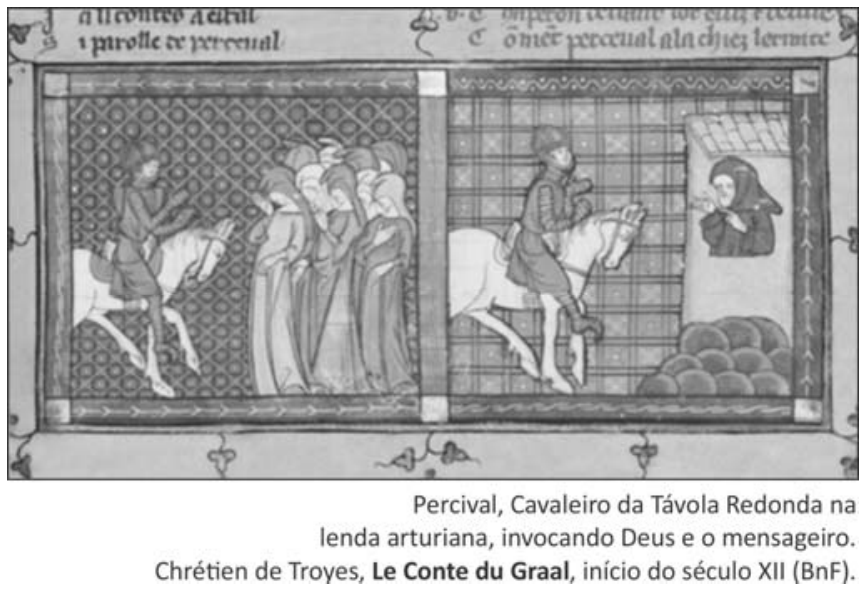 Iluminura medieval dividida em dois quadros: à esquerda, um cavaleiro com armadura monta um cavalo branco voltado para um grupo de figuras femininas vestidas com mantos e véus; à direita, o cavaleiro a cavalo volta-se para uma figura encapuzada na janela de uma pequena construção. Abaixo, legenda informativa com a identificação e os créditos da obra.