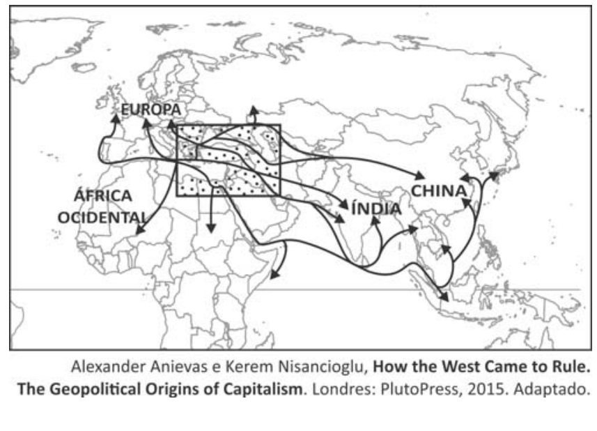 Mapa-múndi destacando rotas comerciais de longa distância entre Europa, África Ocidental, Índia e China, com várias rotas cruzando uma área retangular com preenchimento pontilhado que delimita o Império Otomano no Oriente Médio e regiões vizinhas.