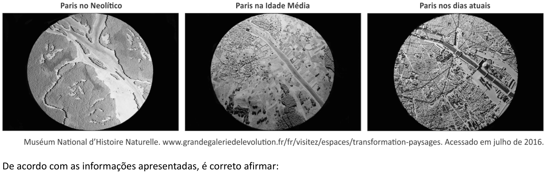 F1 Três maquetes circulares em vista aérea intituladas "Paris no Neolítico", "Paris na Idade Média" e "Paris nos dias atuais", ilustrando a ocupação humana e a mudança do curso do rio Sena de anastomosado a retilíneo e canalizado. Abaixo, consta a fonte do Muséum National d’Histoire Naturelle e a frase "De acordo com as informações apresentadas, é correto afirmar:".