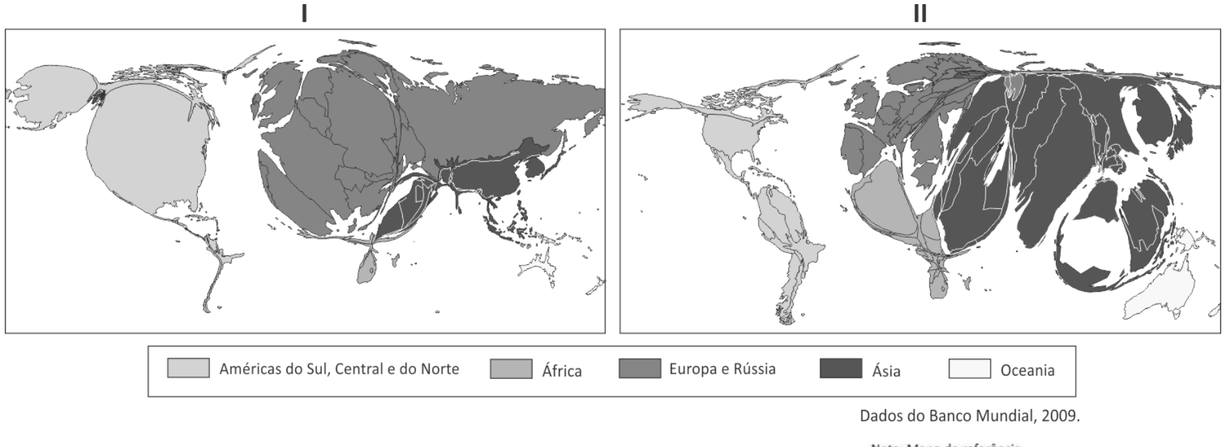 Duas anamorfoses mundiais, identificadas como I e II. No mapa I, destacam-se com grande ampliação os Estados Unidos e a Europa Ocidental. No mapa II, destacam-se a Europa, a Rússia, a China e a Índia. A legenda classifica por tons de cinza: Américas do Sul, Central e do Norte; África; Europa e Rússia; Ásia; Oceania. Abaixo, indica-se: 'Dados do Banco Mundial, 2009.'