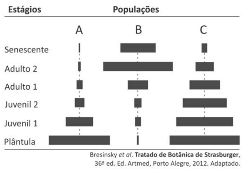 Pirâmides etárias das populações A, B e C nos estágios Senescente, Adulto 2, Adulto 1, Juvenil 2, Juvenil 1 e Plântula.