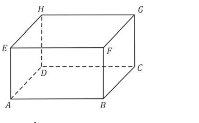 F1 Ilustração de um paralelepípedo reto-retângulo ABCDEFGH com a base inferior ABCD e base superior EFGH. As arestas internas conectadas ao vértice D estão representadas por linhas tracejadas.