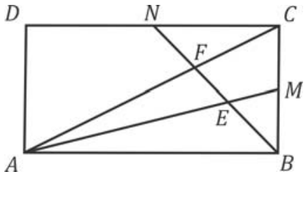 Retângulo ABCD com o ponto M no lado BC e N no lado CD. Os segmentos BN, AC e AM se interceptam, definindo os pontos de interseção F (entre AC e BN) e E (entre AM e BN).
