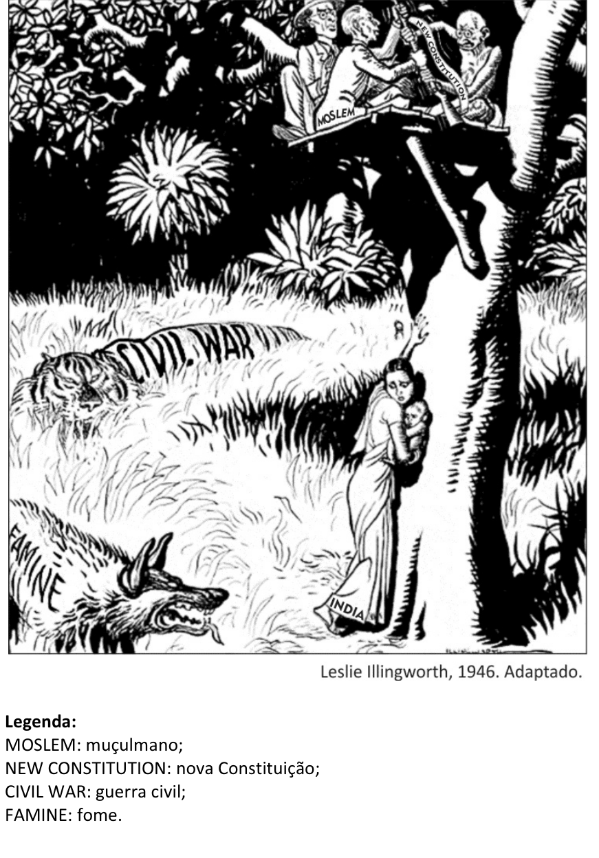 Cartum em preto e branco ambientado em uma floresta. No chão, uma mulher vestindo sari com a inscrição "INDIA" segura uma criança no colo aos pés de uma árvore, enquanto dois animais ferozes a ameaçam na relva: um lobo com a palavra "FAMINE" e um tigre com a inscrição "CIVIL WAR". No topo da árvore, em uma plataforma de madeira, líderes políticos disputam um documento onde se lê "NEW CONSTITUTION"; um deles usa uma faixa com "MOSLEM". Abaixo da ilustração constam o crédito "Leslie Illingworth, 1946. Adaptado." e a legenda com as traduções: MOSLEM (muçulmano), NEW CONSTITUTION (nova Constituição), CIVIL WAR (guerra civil) e FAMINE (fome).