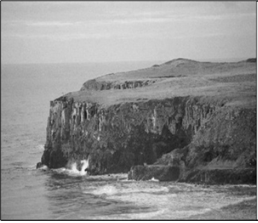 Fotografia de uma falésia rochosa à beira-mar, com paredão íngreme, topo relativamente plano e ondas quebrando em sua base.