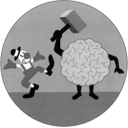 Ilustração em formato circular mostrando um cérebro com braços e pernas empunhando uma marreta grande na direção de um palhaço assustado que tenta se afastar.