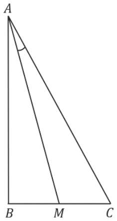 Triângulo retângulo ABC com cateto vertical AB e cateto horizontal BC. O ponto M divide a base BC, e uma linha une o vértice superior A ao ponto M, com uma marcação angular no ângulo MAC.
