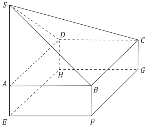Desenho em perspectiva de um sólido geométrico composto pelo paralelepípedo reto ABCDEFGH e pela pirâmide SABCD sobreposta a ele, com o vértice S situado no prolongamento vertical da aresta EA.