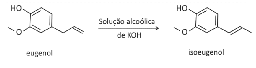 Equação química da reação de isomerização do eugenol em isoeugenol na presença de solução alcoólica de KOH.