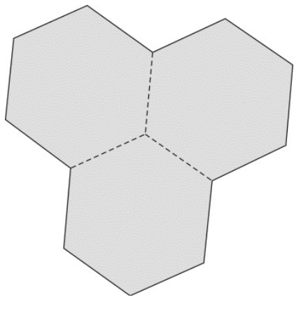 Três hexágonos regulares congruentes justapostos que se tocam pelas arestas com linhas tracejadas, formando uma figura com simetria central de três partes.