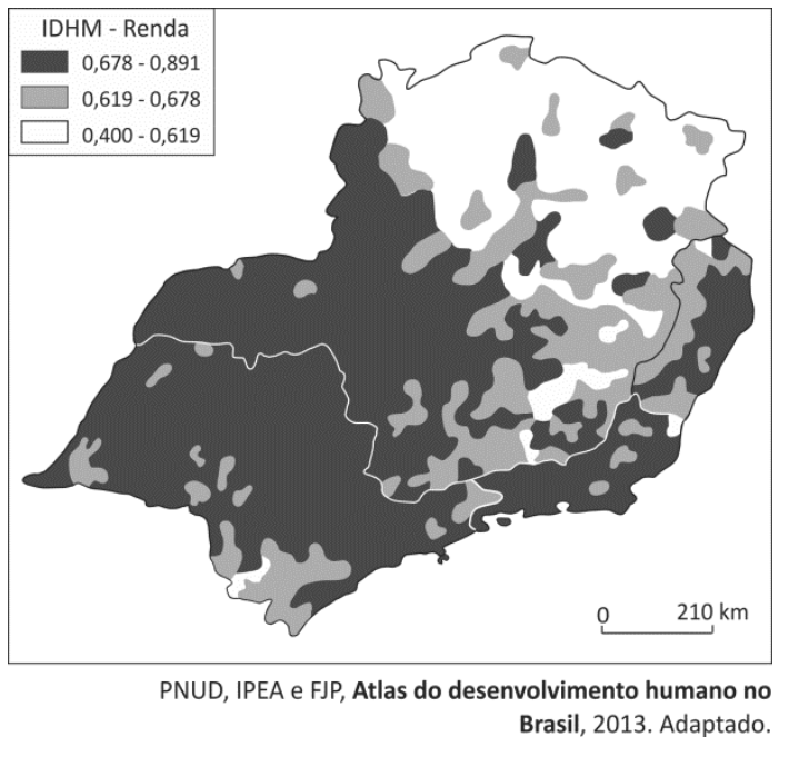 Mapa da região Sudeste do Brasil exibindo a distribuição do IDHM - Renda por municípios, dividido em três faixas de valores representadas por tonalidades: cinza escuro (0,678 - 0,891), cinza intermediário (0,619 - 0,678) e branco (0,400 - 0,619), com escala gráfica de 0 a 210 km.