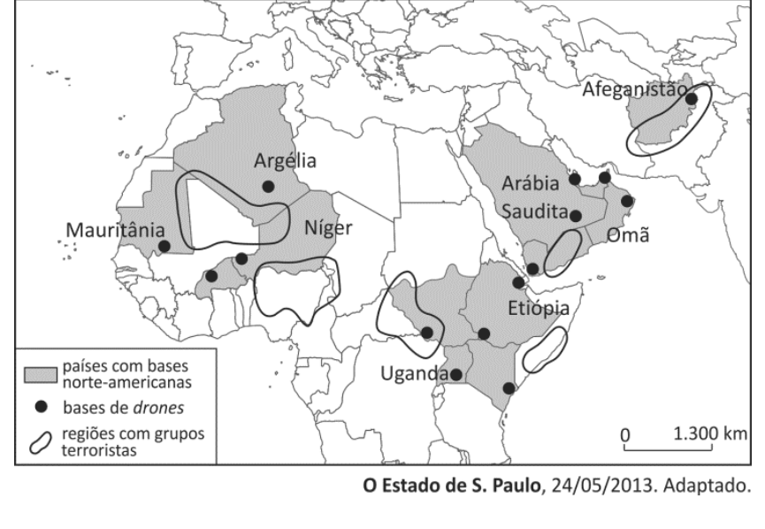 Mapa da distribuição dos drones e bases norte-americanas na África e no Oriente Médio, destacando países com bases, localização de bases de drones e regiões com grupos terroristas